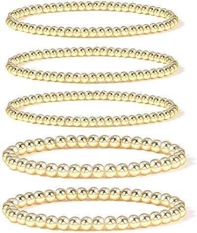 Badu Gold Bead Bracelet for Women 14K Gold Plated Bead Ball Bracelet Stretchable Elastic Hypoallergenic Bohemian Stackable Bracelet