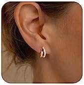 Chunky Gold Hoop Earrings for Women, Trendy 14K Gold Plated Gold/Silver Chunky Hoop Earrings Small Thick Oval Open Double Hoop Earrings Hypoallergenic Lightweight Earrings for Women Girls Gold Jewelry