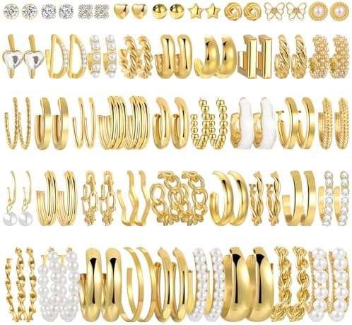 45 Pairs Gold hoop Earring Set for Women, Fashion Stud Pearl Earrings Multipack, Hypoallergenic Twisted Heart Earring Pack, Gold Hoops Earrings for Party Jewelry with Gift Bag