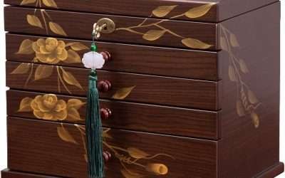 Hand-drawn rose Jewelry Box Wood for Wowen,5-Layer Wooden Jewelry Organizer Boxes with 4 Drawers dresser, Vintage Multi-functional Jewelry Storage Case with lock