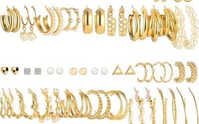 FAXHION 36 Pairs Gold Earrings Set for Women, Fashion Pearl Chain Link Stud Drop Dangle Earrings Multipack Hoop Earring Packs, Hypoallergenic Earrings for Birthday Party Jewelry