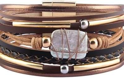 Fesciory Leather Wrap Bracelets for Women, Boho Leopard Multi-Layer Crystal Beads Cuff Bracelet Jewelry