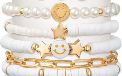 Preppy Bracelets Set Colorful White Gold Smile Heart Star Polymer Beaded Pearl Clay Stackable Charm Y2K Kidcore Aesthetic Summer Beach Bohemian Stretch Layering Bracelets Jewelry for Girls Women Teens