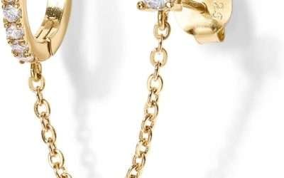 PAVOI 14K Gold Chain Earrings for Women | Double Piercing Dangle Chain Huggie Hoop Earrings | Cubic Zirconia Pearl Stud Ear Cuff Earrings for Women