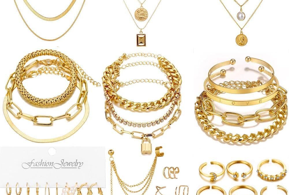 60 PCS Gold Jewelry Set with Multi-Layered Bracelet Necklace, Dangle Earrings, Stackable Ring For Women Valentine Anniversary Jewelry Pack Gifts For Her