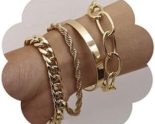 Dainty Boho Chain Bracelets Set for Women Adjustable Fashion Beaded Chunky Flat Cable Chain Punk Bracelets for Women Gift Set of 4