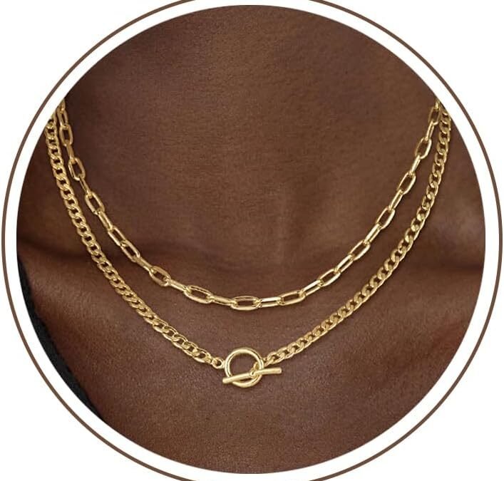 CHESKY 14K Gold Plated Layered Chain Necklace for Women | Trendy Cuban Link Chain, Chunky Paperclip Chain, Toggle Clasp Necklace, Fashion Gold Jewelry, Daily Gift for Women