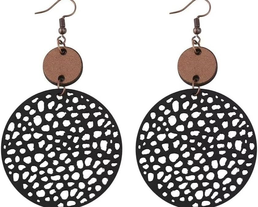 Boho Geometric Hollow Out Leather Wooden Dangle Earrings